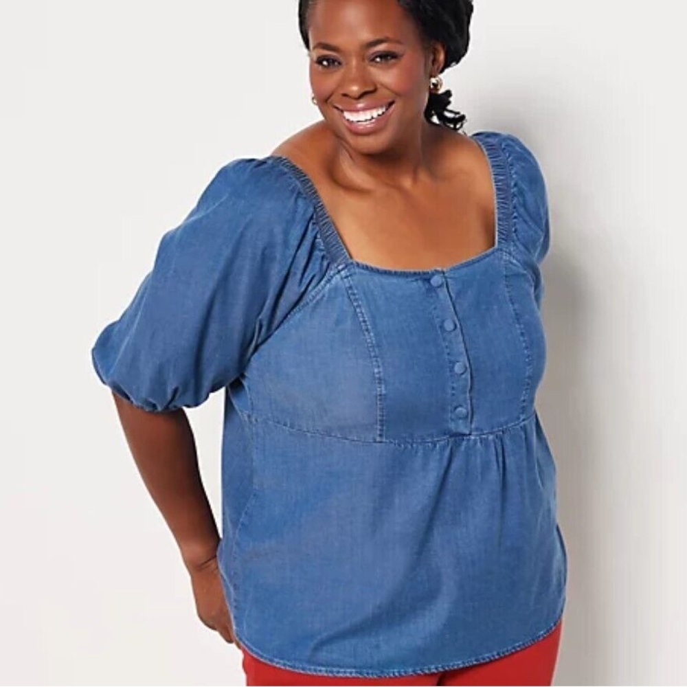 NEW Candace Cameron Bure Tencel Romantic Balloon-Sleeve Top Denim Blue Large